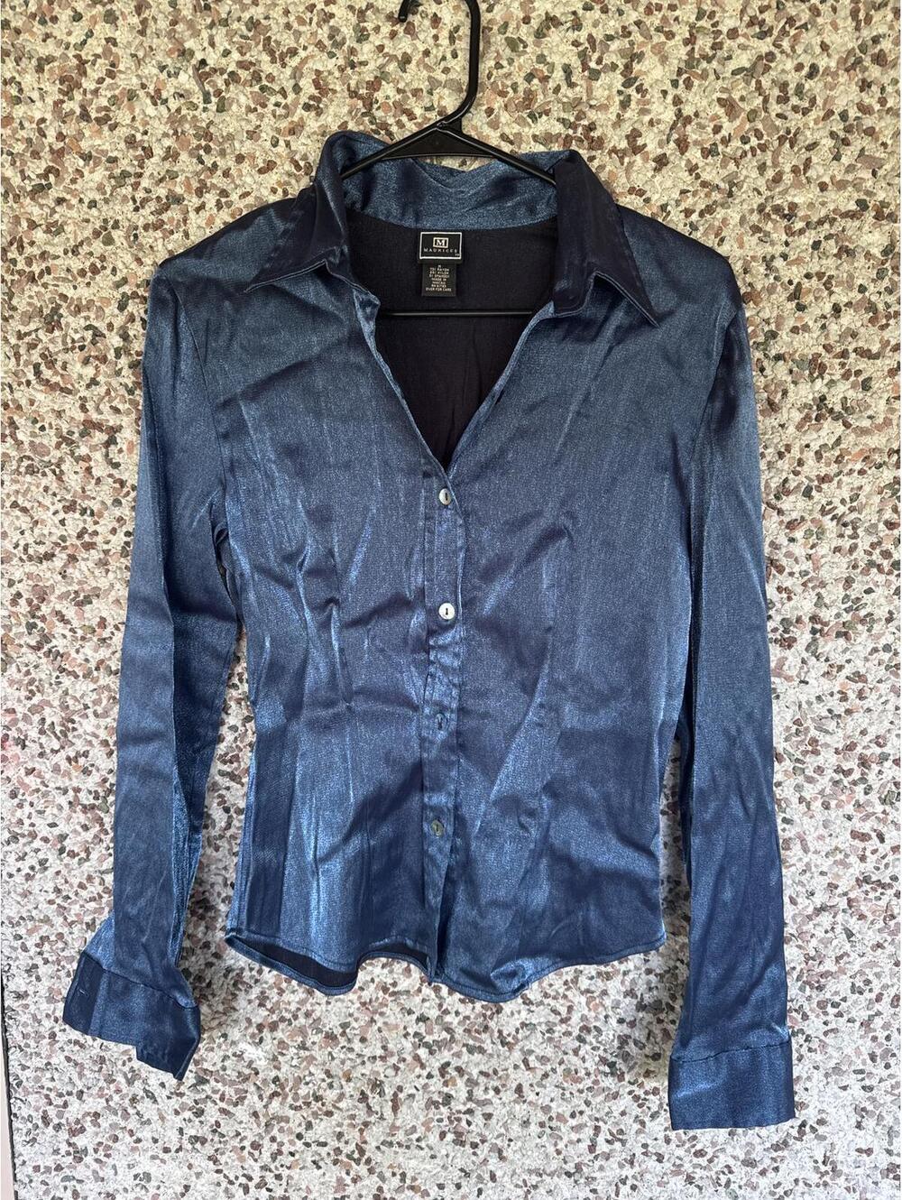Vintage Maurice’s Metallic Blue Shimmer Blouse M Button-Up Y2K Stretch Fit
